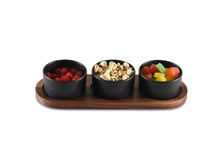 Load image into Gallery viewer, Black Ceramic Condiment Set on Acacia Wood Base