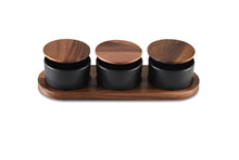 Load image into Gallery viewer, Black Ceramic Condiment Set on Acacia Wood Base