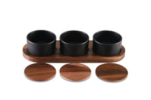 Load image into Gallery viewer, Black Ceramic Condiment Set on Acacia Wood Base
