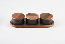 Load image into Gallery viewer, Black Ceramic Condiment Set on Acacia Wood Base
